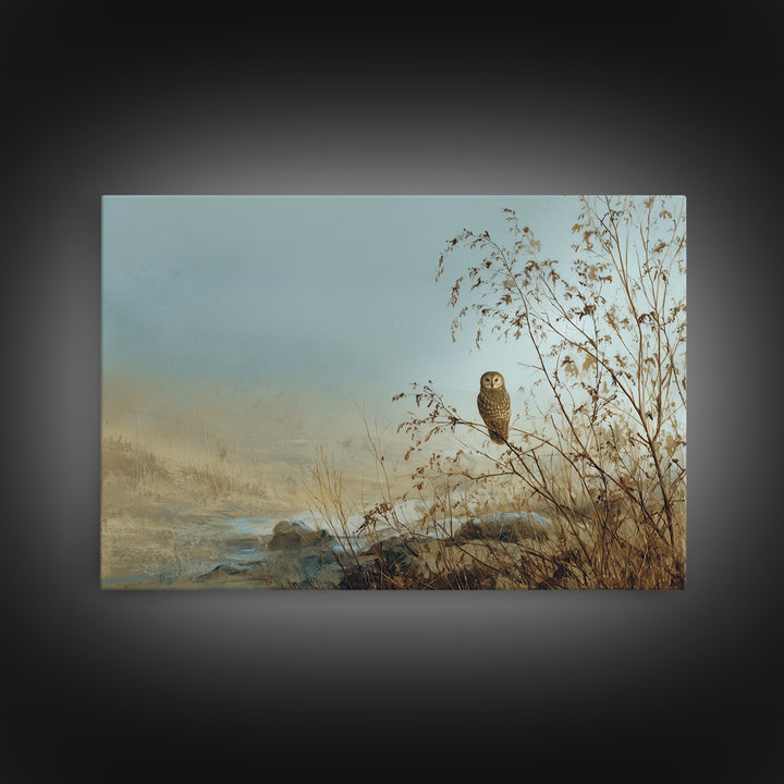 Owl in Moonlit Branches Framed Canvas Print, Nature Art, Watercolor Painting, Living Room Decor, Oil Painting, Nature, NAT-3x2-23