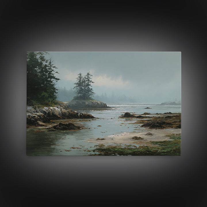Calm Beach Tide Pooling Around Rocks Framed Canvas Print, Nature Art, Artwork, Living Room Decor, Nature, Landscape Art, NAT-3x2-28