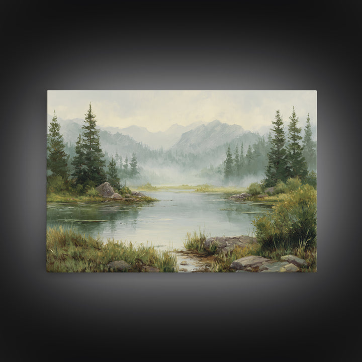 Misty Mountain Lake Canvas Print, Nature Art, Stained Glass Art, Living Room Decor, Nature, Modern Decor, Fine Art Print, NAT-3x2-33