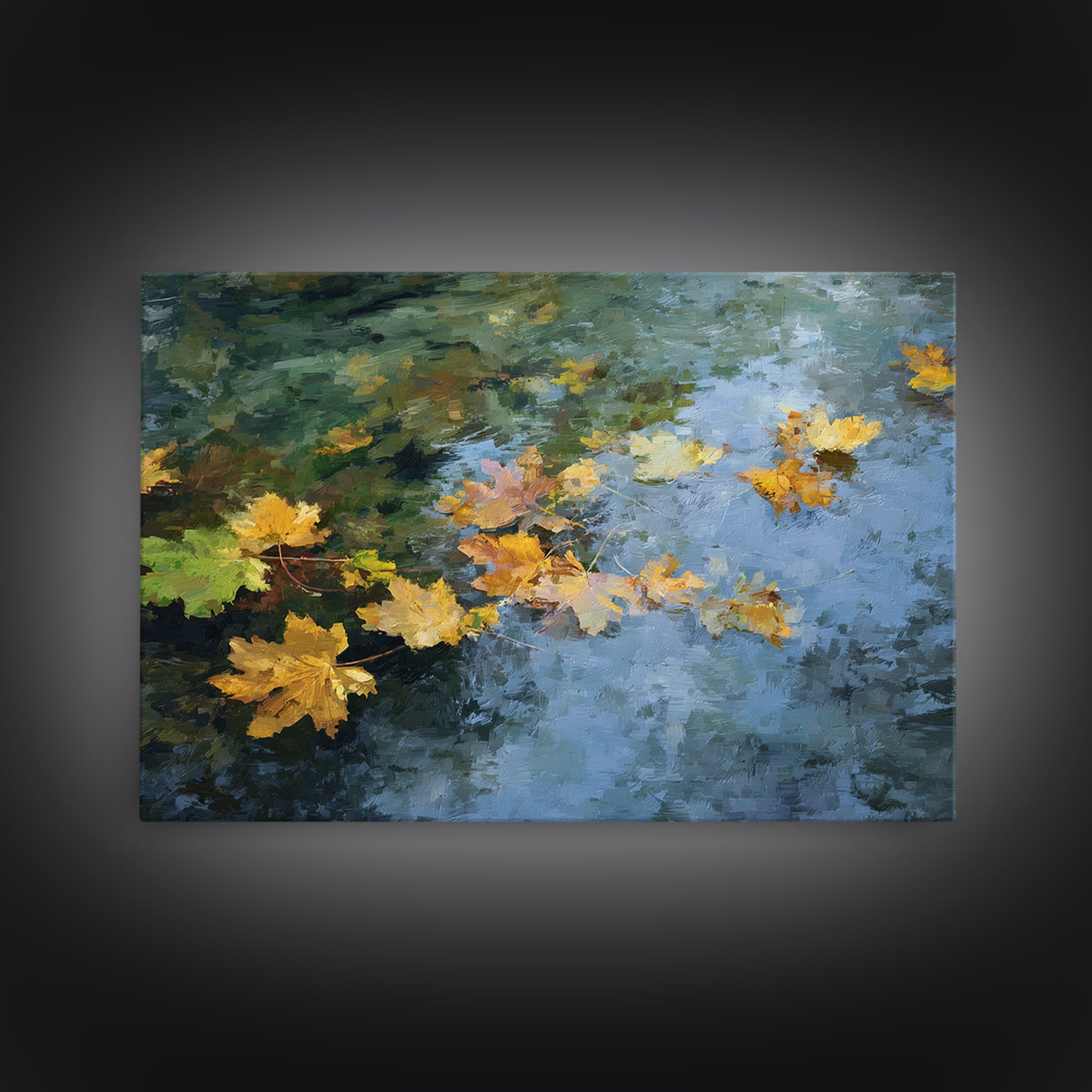 Autumn Leaves Floating on Quiet Stream Canvas Print, Nature Art, Modern Wall Art, Living Room Decor, Watercolor Art, Nature, NAT-3x2-34