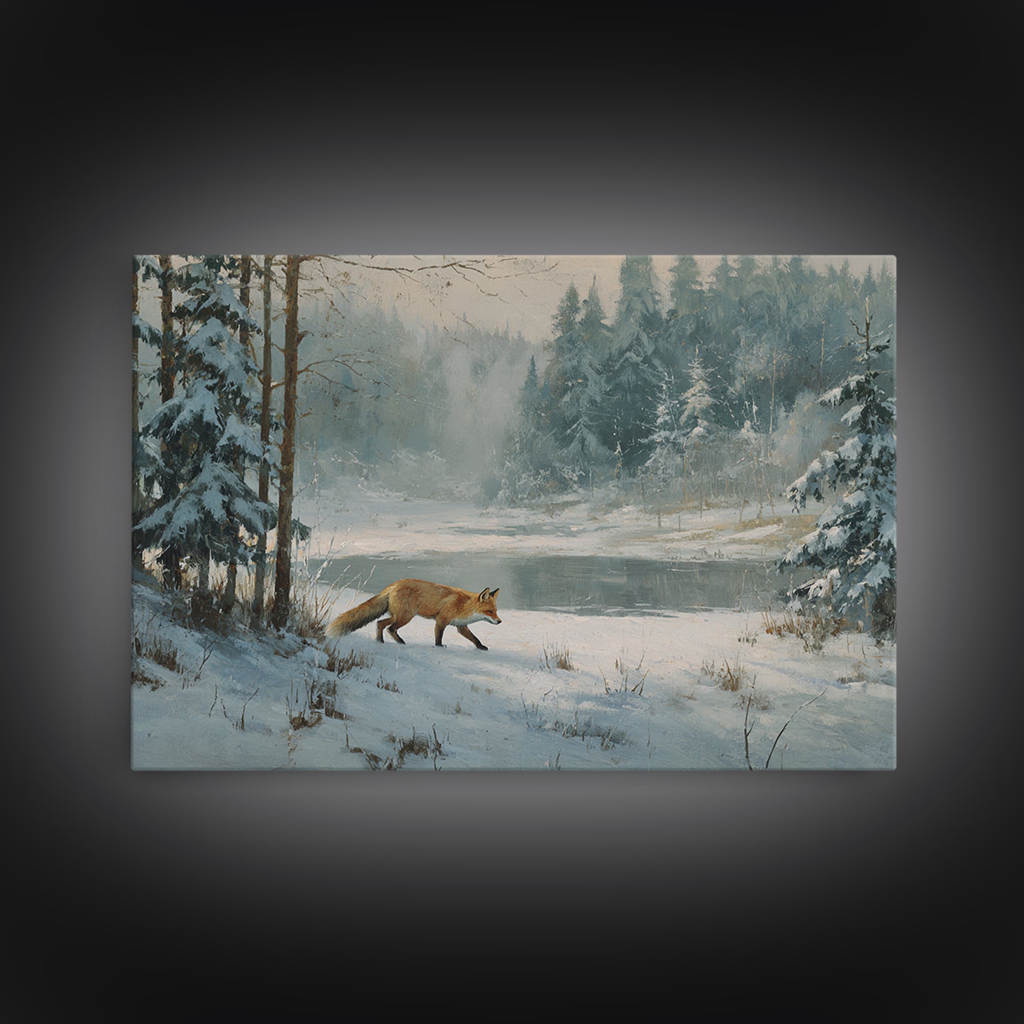 Fox Crossing a Snowy Forest Clearing Canvas Print, Nature Art, Wood Wall Art, Living Room Decor, Nature, Digital Download Art, NAT-3x2-38