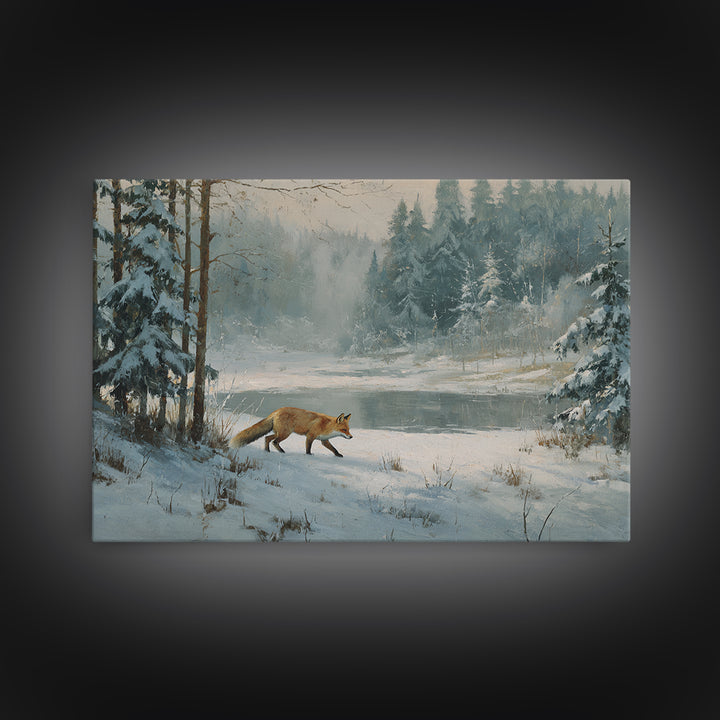 Fox Crossing a Snowy Forest Clearing Canvas Print, Nature Art, Wood Wall Art, Living Room Decor, Nature, Digital Download Art, NAT-3x2-38