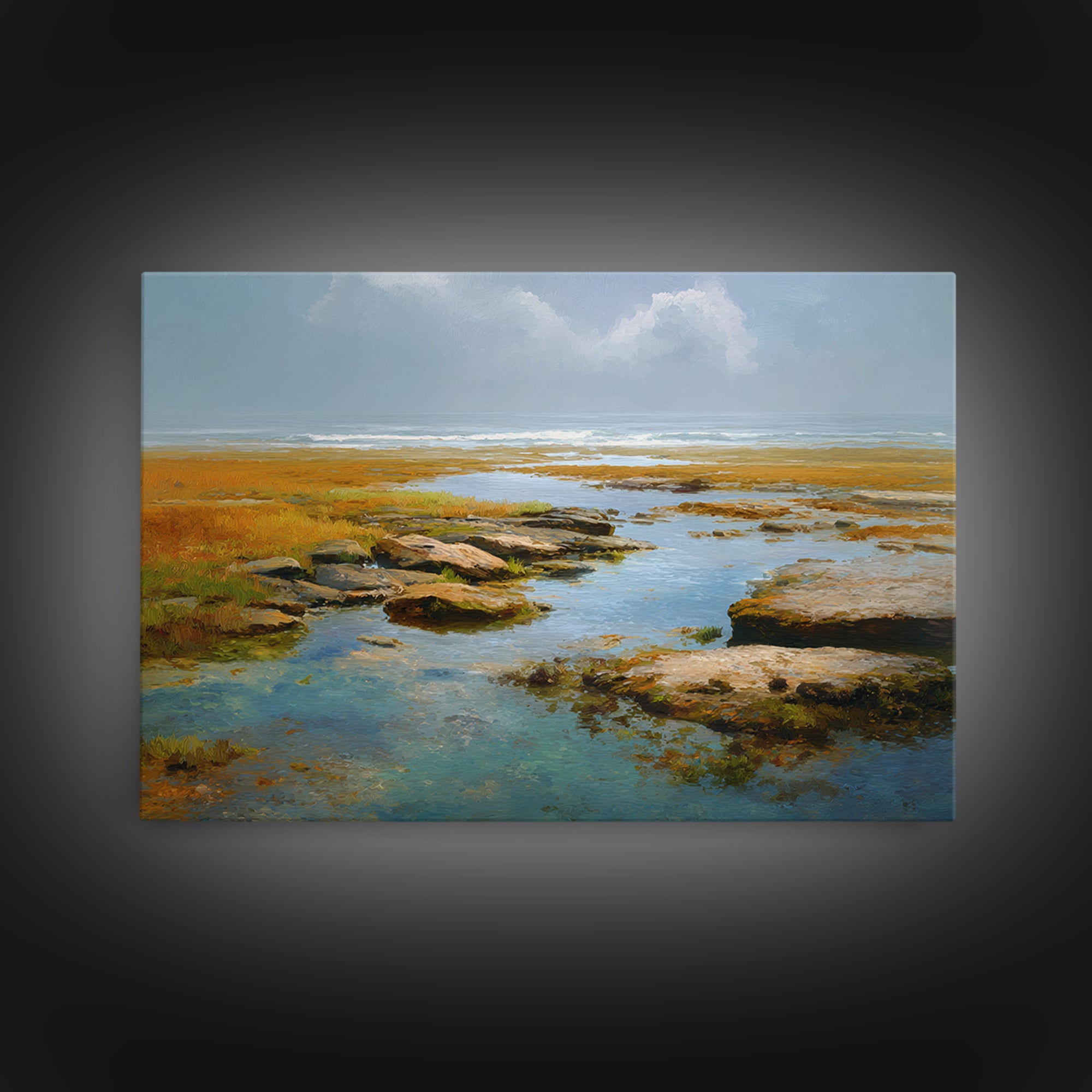 Calm Beach Tide Pooling Around Rocks Canvas Print, Nature Art, Living Room Decor, Oil Painting, Nature, Modern Wall Art, NAT-3x2-4