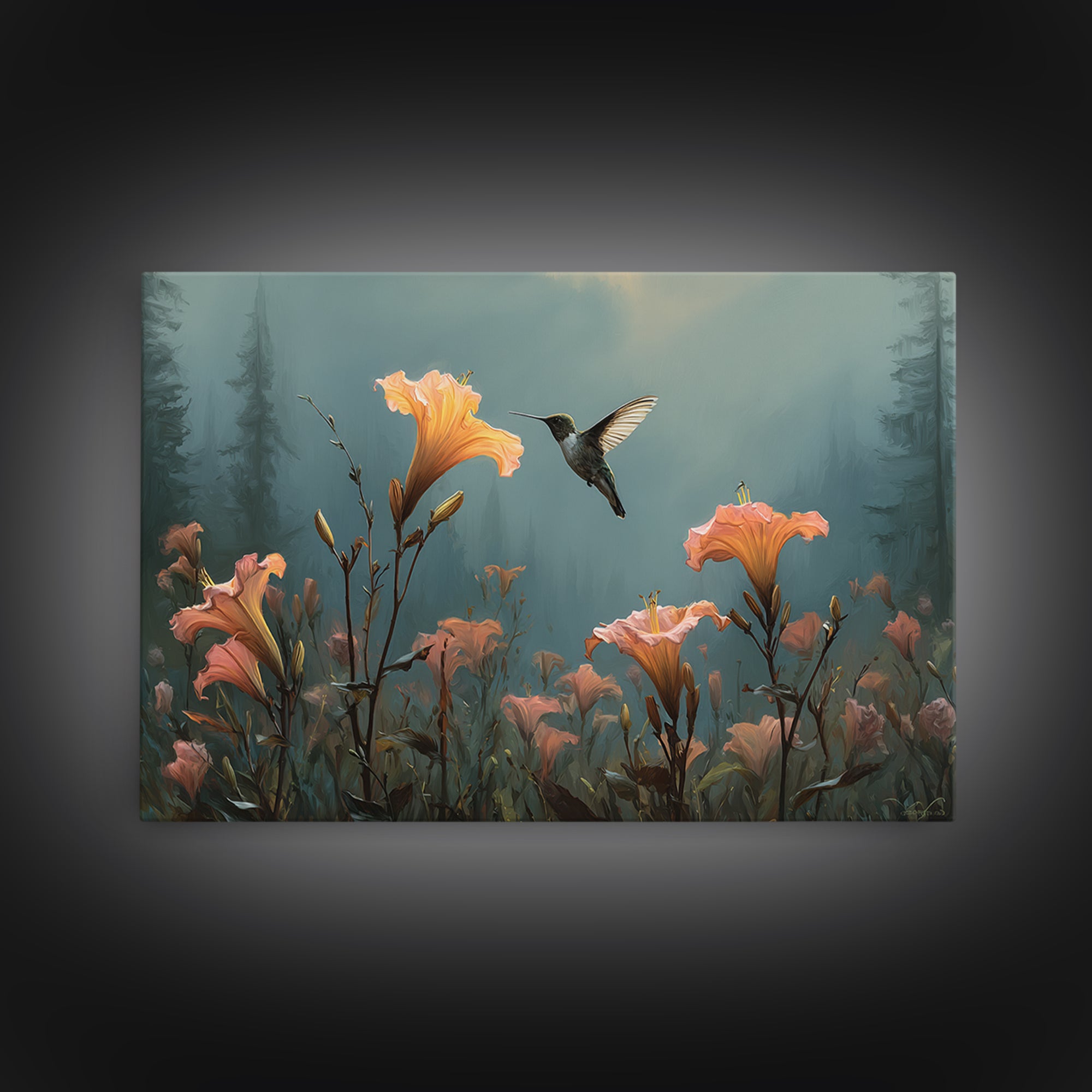 Hummingbird Beside Bright Trumpet Flowers Canvas Print, Nature Art, Living Room Wall Art, Living Room Decor, Nature, NAT-3x2-40