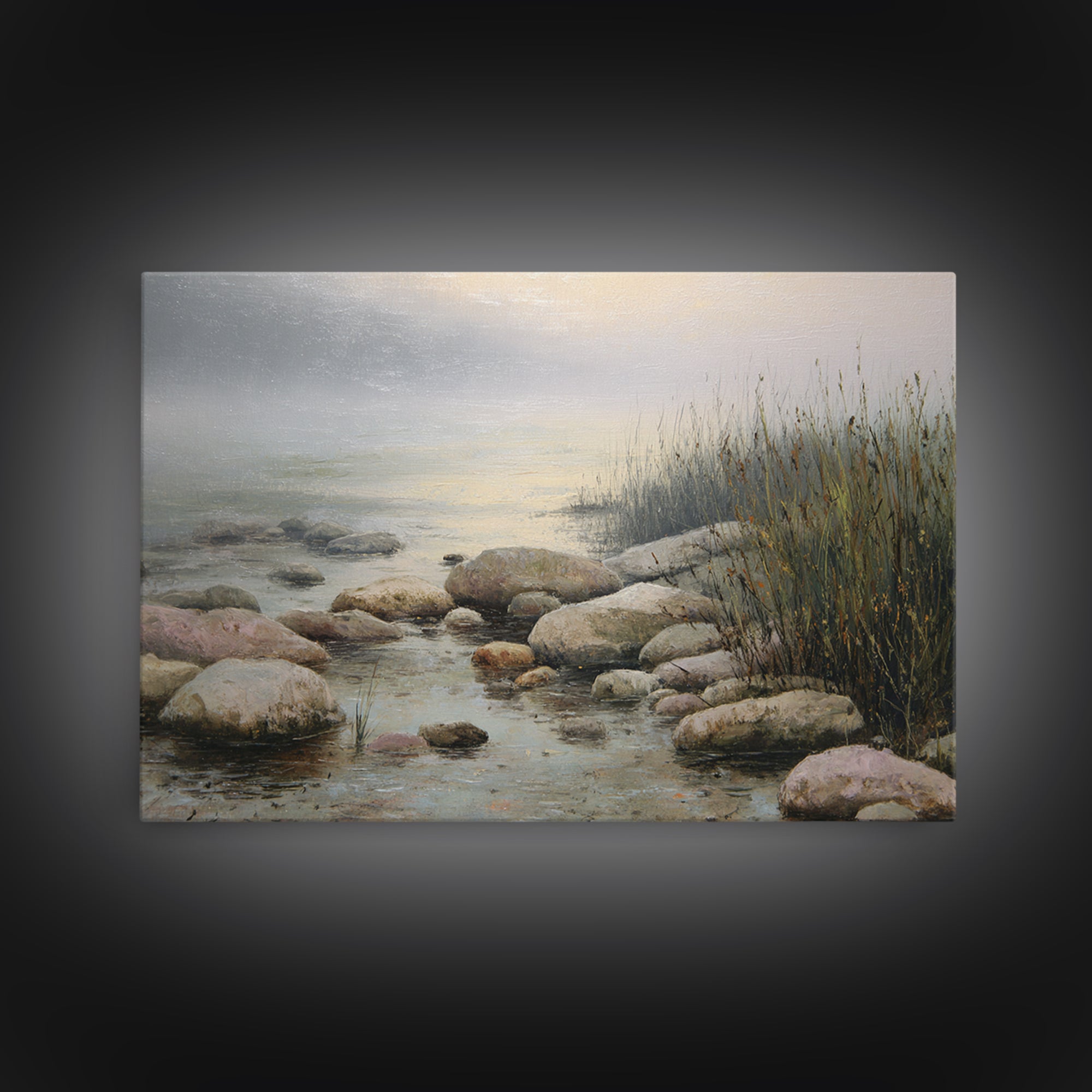 River Stones under Clear Shallow Water Framed Canvas Print, Nature Art, Moss Art, Living Room Decor, Watercolor Art, Nature, NAT-3x2-41