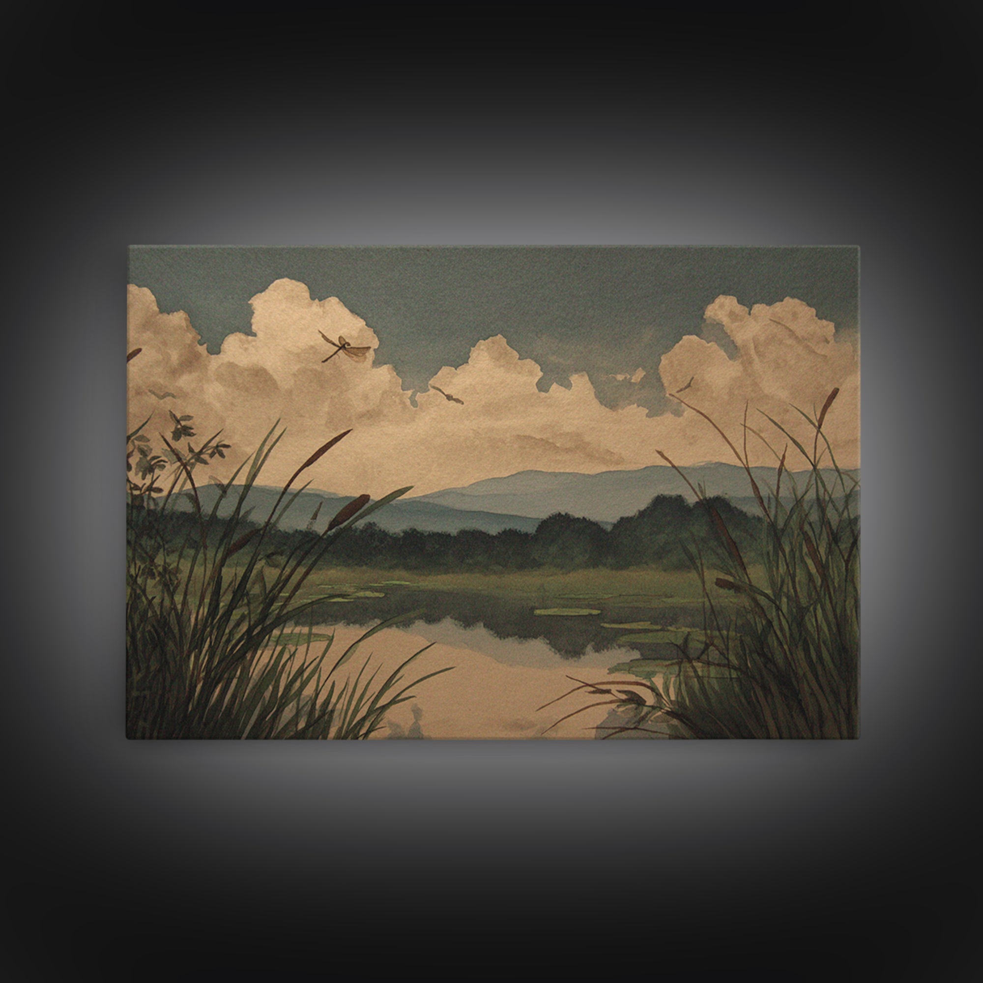 Dragonfly over a Pond with Reeds Framed Canvas Print, Nature Art, Abstract Wall Art, Living Room Decor, Fine Art, Nature, NAT-3x2-46