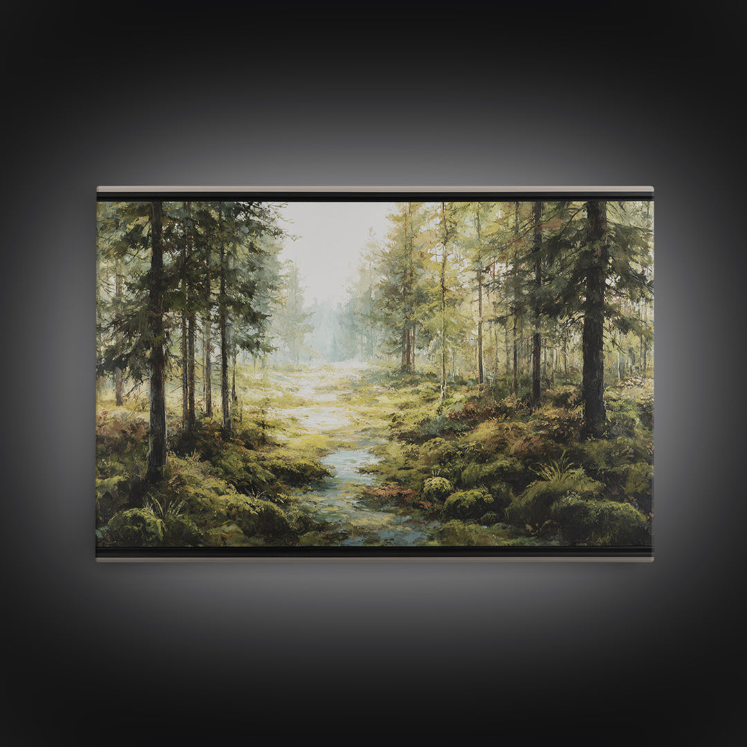 Sunlit Forest Path Framed Canvas Print, Nature Art, Living Room Wall Art, Living Room Decor, Oil Painting, Nature, NAT-3x2-5
