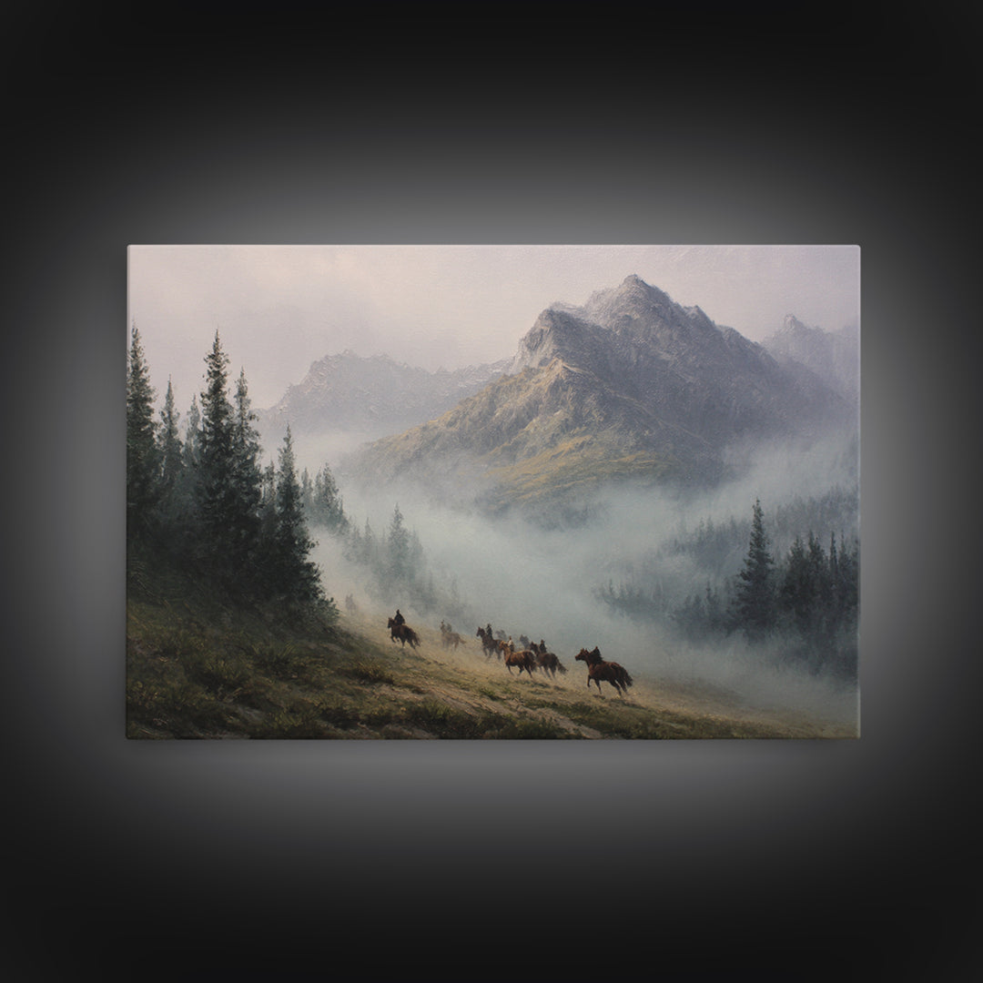 Wild Horses Running Near Mountain Ridge Framed Canvas Print, Nature Art, 3d Wall Art, Living Room Decor, Fine Art, Nature, NAT-3x2-50
