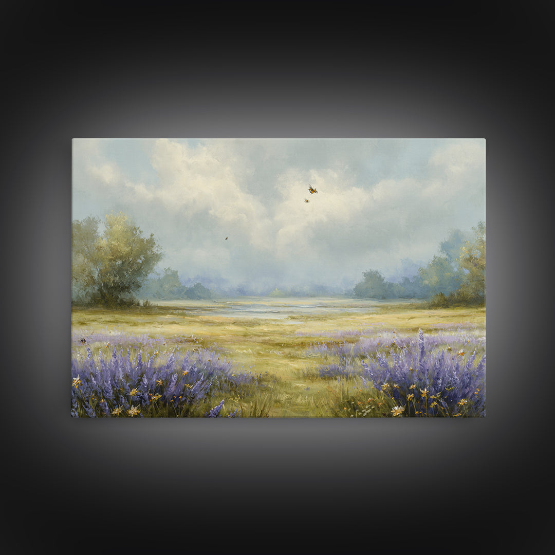 Bees Circling Lavender Blossoms Canvas Print, Nature Art, Digital Download Art, Living Room Decor, Nature, Luxury Decor, NAT-3x2-51