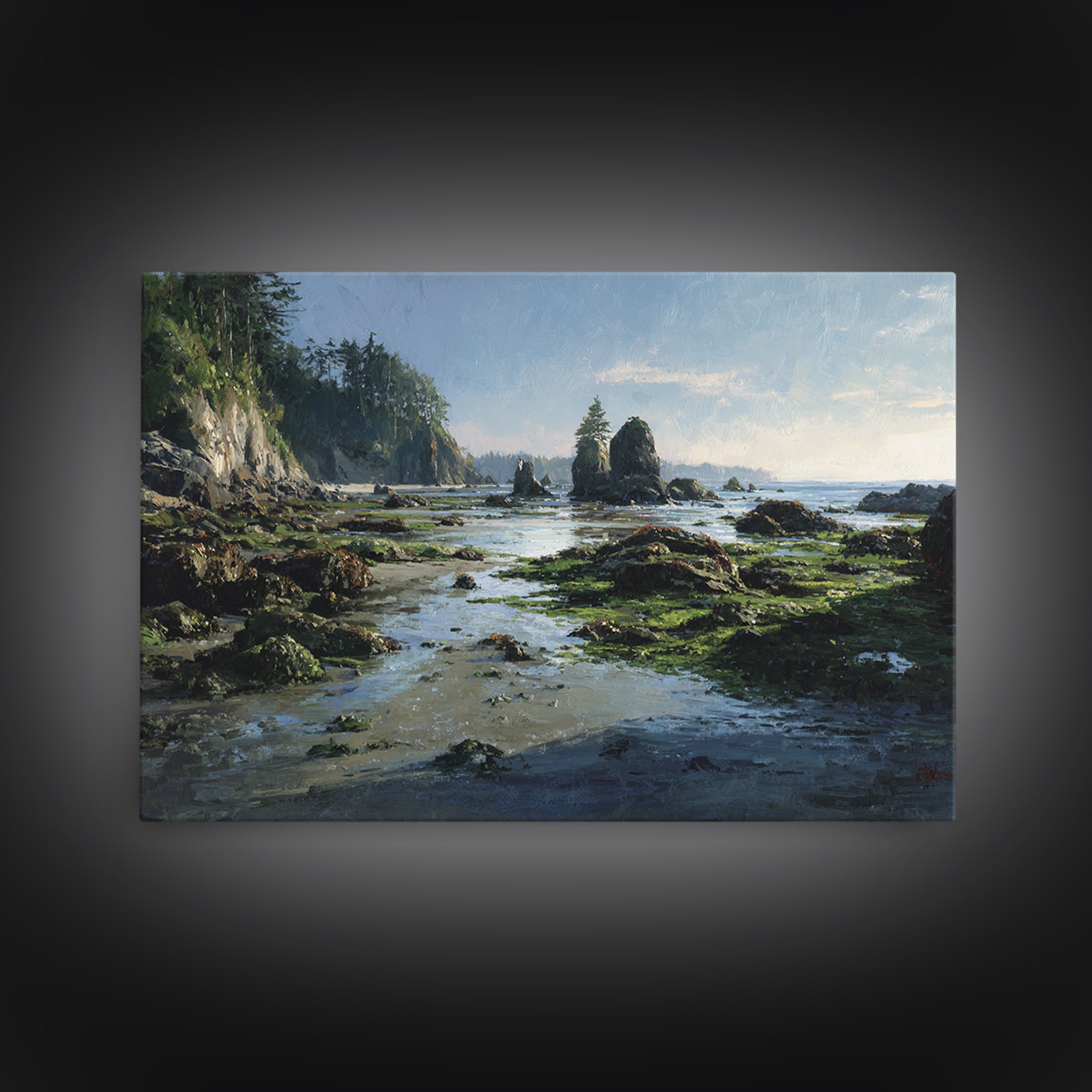 Calm Beach Tide Pooling Around Rocks Canvas Print, Nature Art, Watercolor Painting, Living Room Decor, Abstract Art, Nature, NAT-3x2-52