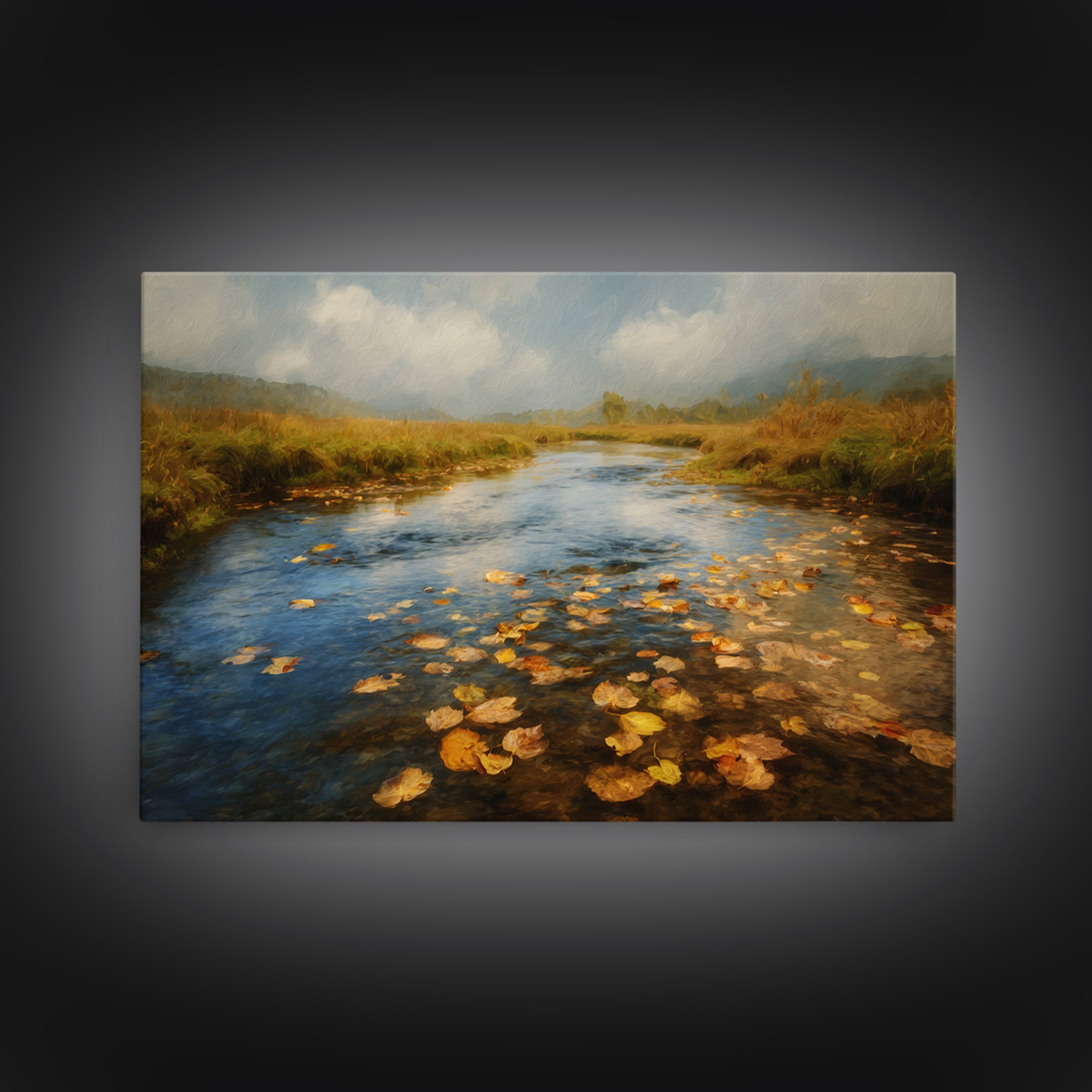 Autumn Leaves Floating on Quiet Stream Canvas Print, Nature Art, Modern Wall Art, Living Room Decor, Watercolor Art, Nature, NAT-3x2-58