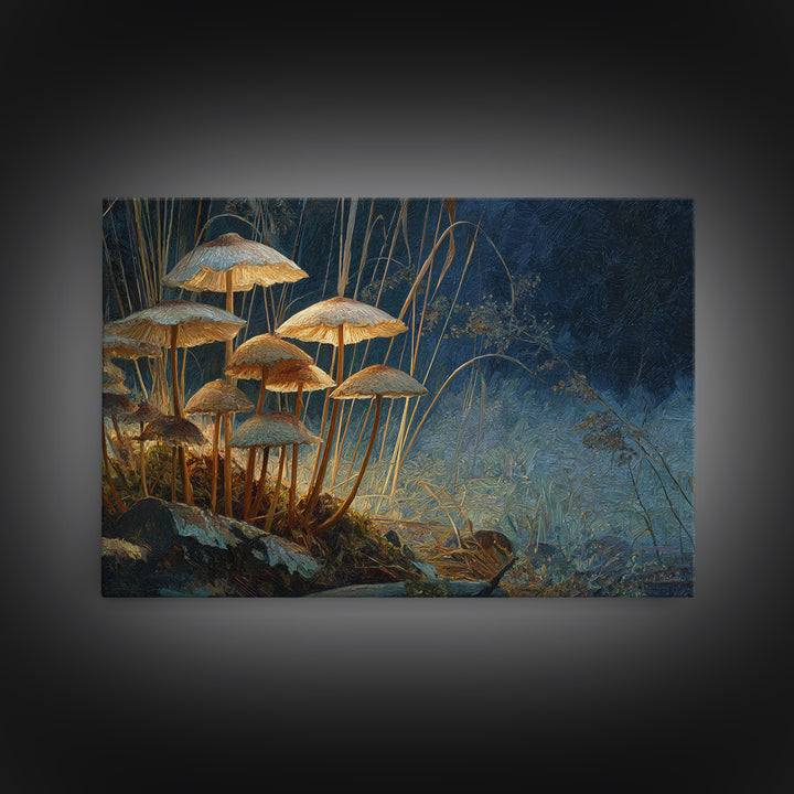 Mushroom Cluster in Enchanted Woodland Framed Canvas Print, Nature Art, Art Print, Living Room Decor, Oil Painting, Nature, NAT-3x2-59