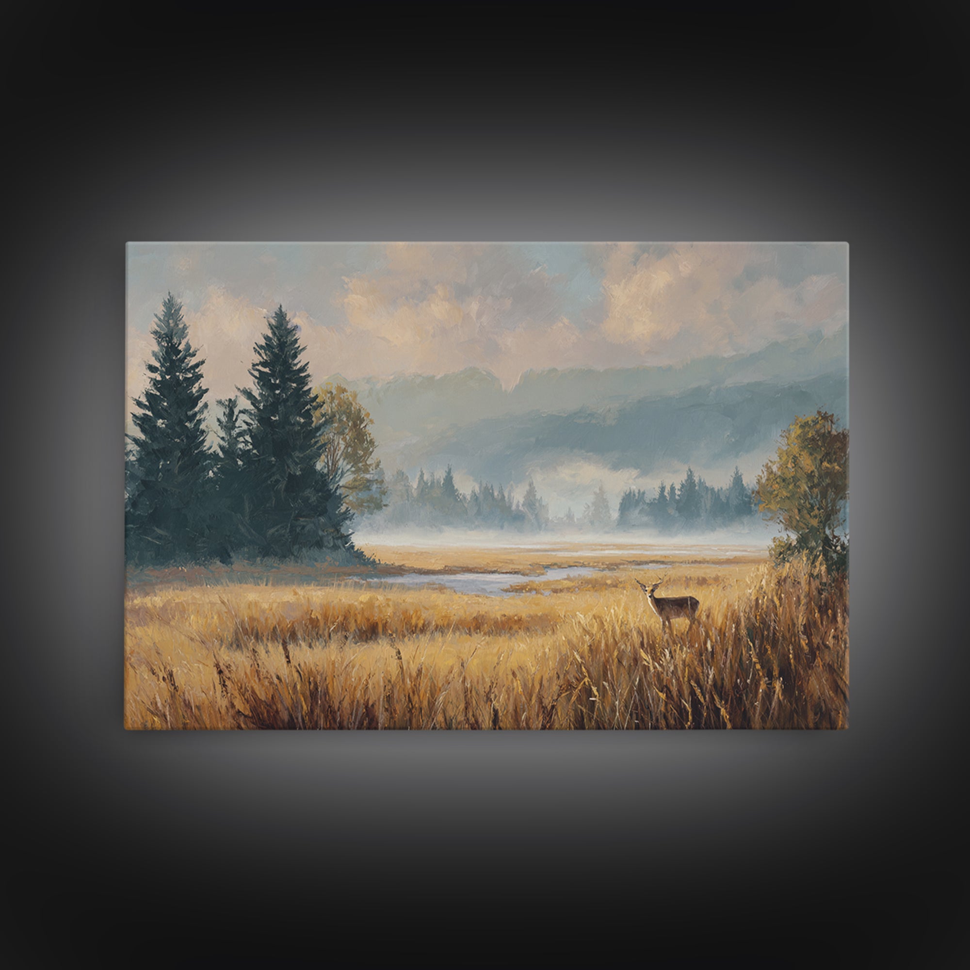 Deer Standing in a Golden Field Framed Canvas Print, Nature Art, Mountain Art, Living Room Decor, Nature, Minimalist Decor, NAT-3x2-60