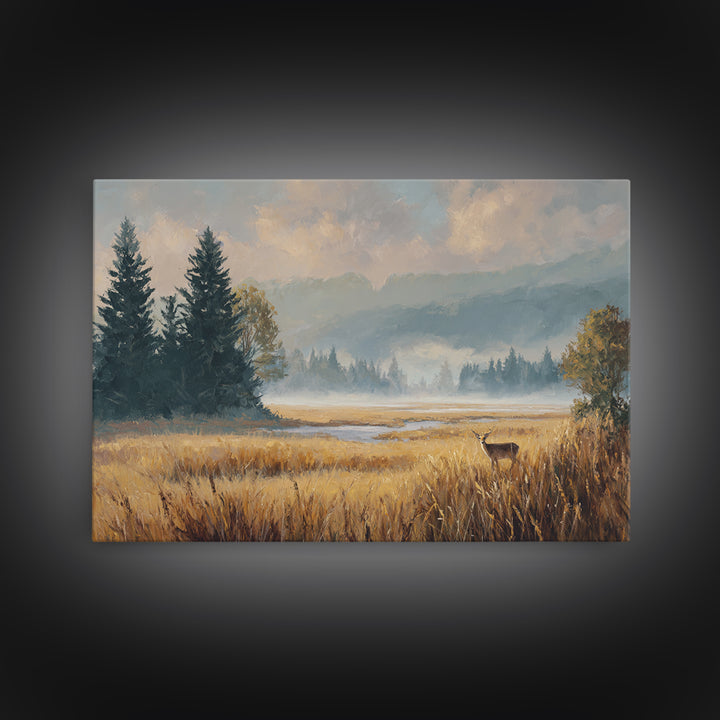 Deer Standing in a Golden Field Framed Canvas Print, Nature Art, Mountain Art, Living Room Decor, Nature, Minimalist Decor, NAT-3x2-60