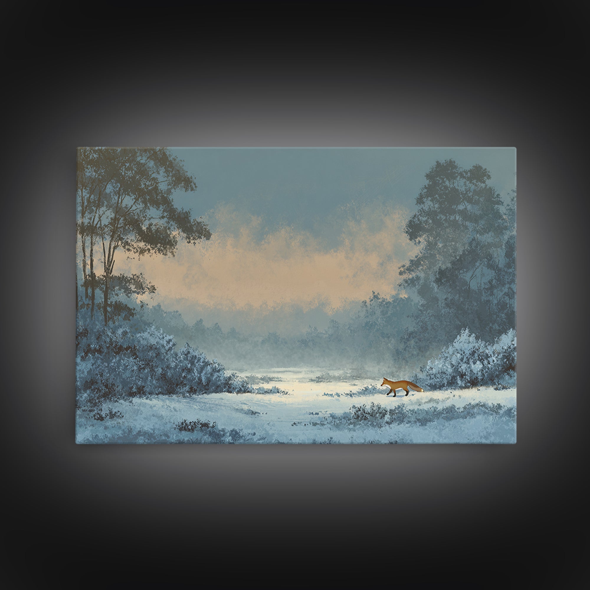 Fox Crossing a Snowy Forest Clearing Canvas Print, Nature Art, Wood Wall Art, Living Room Decor, Nature, Digital Download Art, NAT-3x2-62