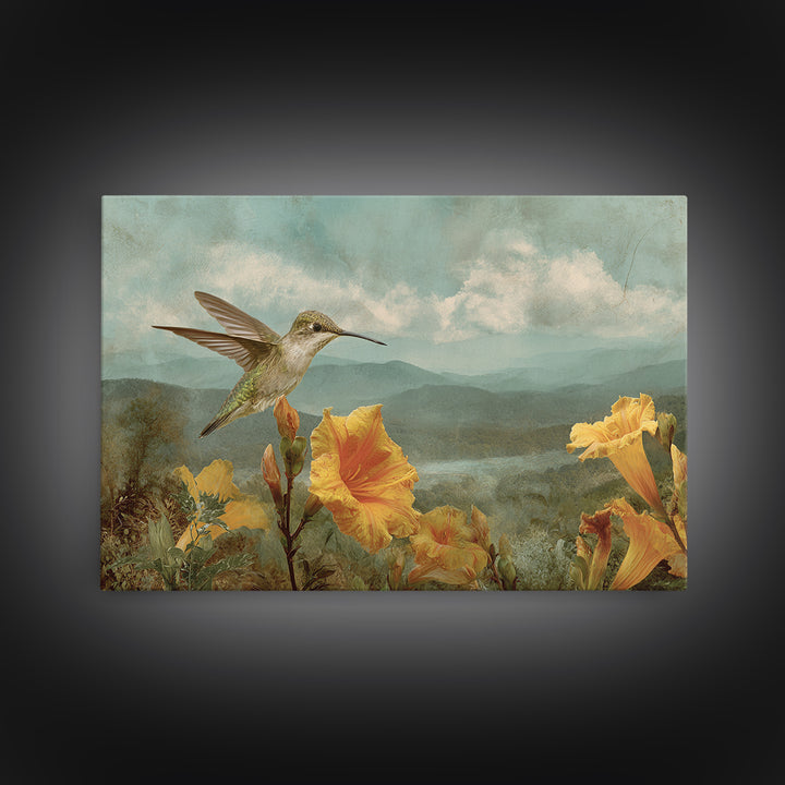 Hummingbird Beside Bright Trumpet Flowers Framed Canvas Print, Nature Art, Gallery Decor, Living Room Decor, Fine Art, Nature, NAT-3x2-64
