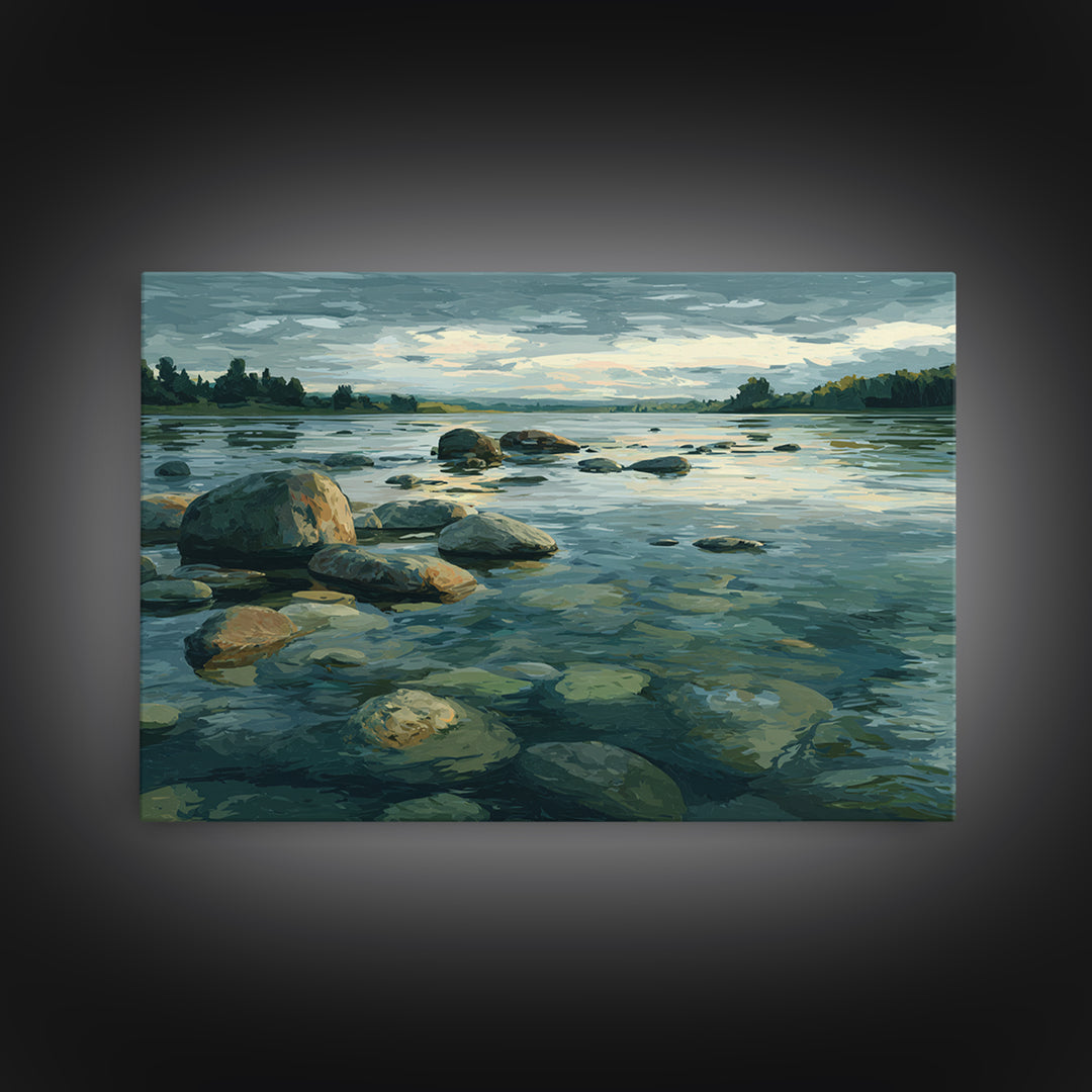 River Stones under Clear Shallow Water Framed Canvas Print, Nature Art, Moss Art, Living Room Decor, Watercolor Art, Nature, NAT-3x2-65