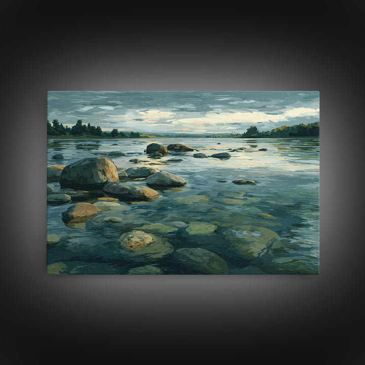 River Stones under Clear Shallow Water Framed Canvas Print, Nature Art, Moss Art, Living Room Decor, Watercolor Art, Nature, NAT-3x2-65