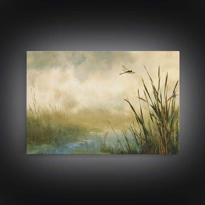 Dragonfly over a Pond with Reeds Framed Canvas Print, Nature Art, Abstract Wall Art, Living Room Decor, Fine Art, Nature, NAT-3x2-70