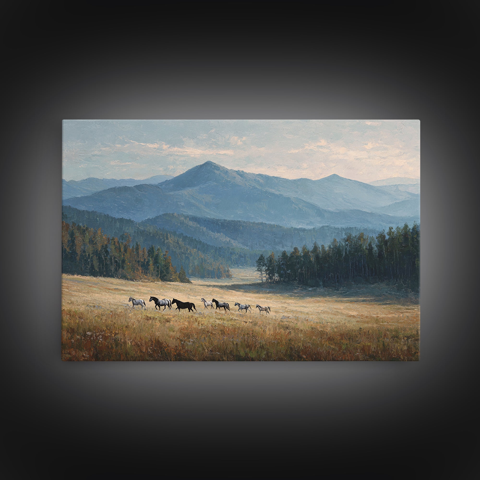 Wild Horses Running Near Mountain Ridge Framed Canvas Print, Nature Art, 3d Wall Art, Living Room Decor, Fine Art, Nature, NAT-3x2-74