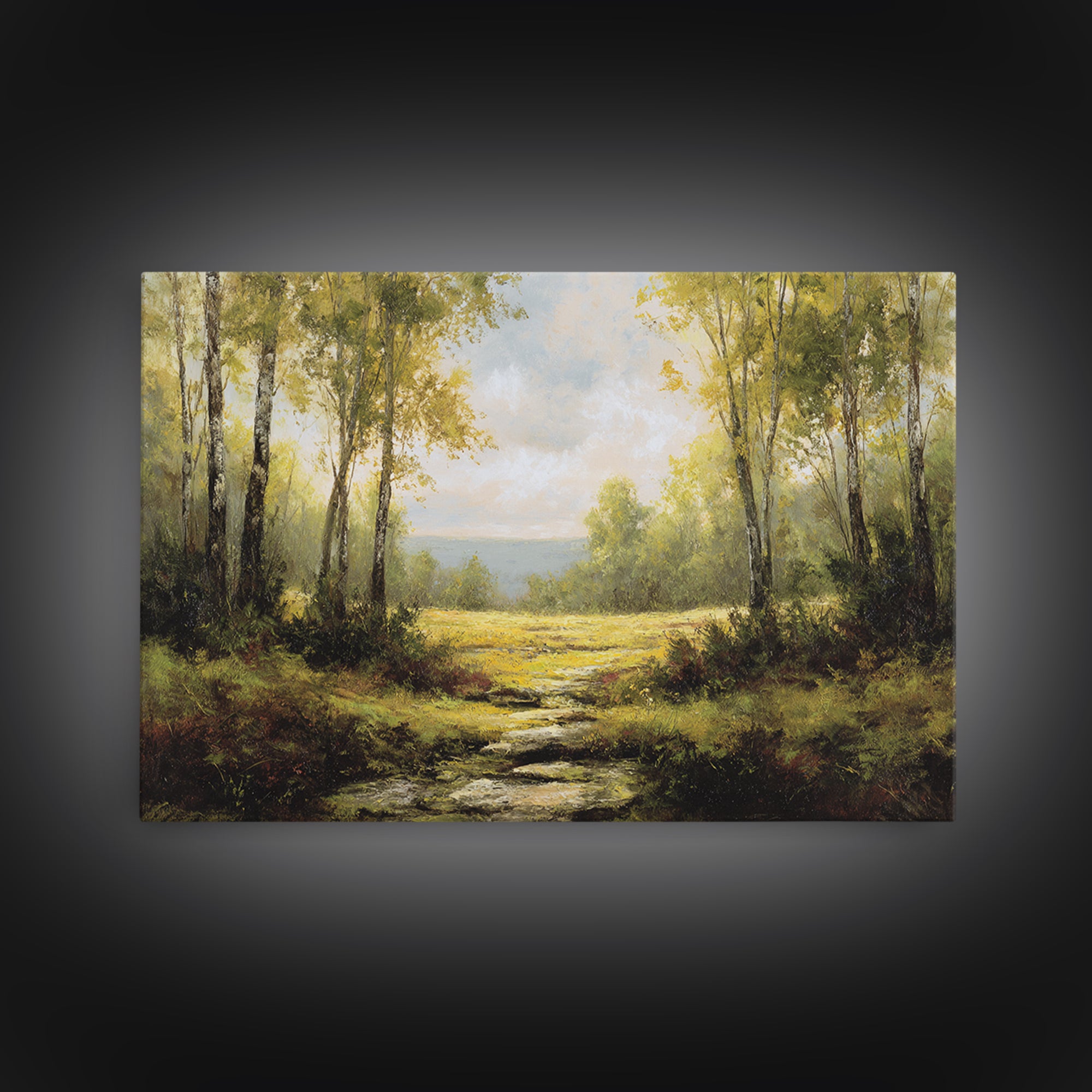 Sunlit Forest Path Framed Canvas Print, Nature Art, Gallery Decor, Living Room Decor, Fine Art, Nature, Contemporary Art, NAT-3x2-77