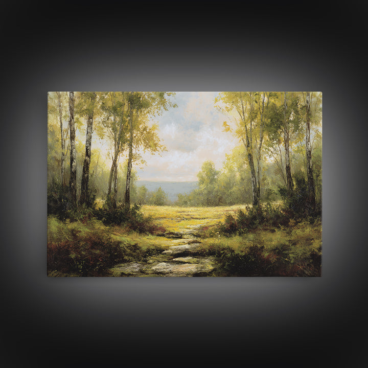 Sunlit Forest Path Framed Canvas Print, Nature Art, Gallery Decor, Living Room Decor, Fine Art, Nature, Contemporary Art, NAT-3x2-77