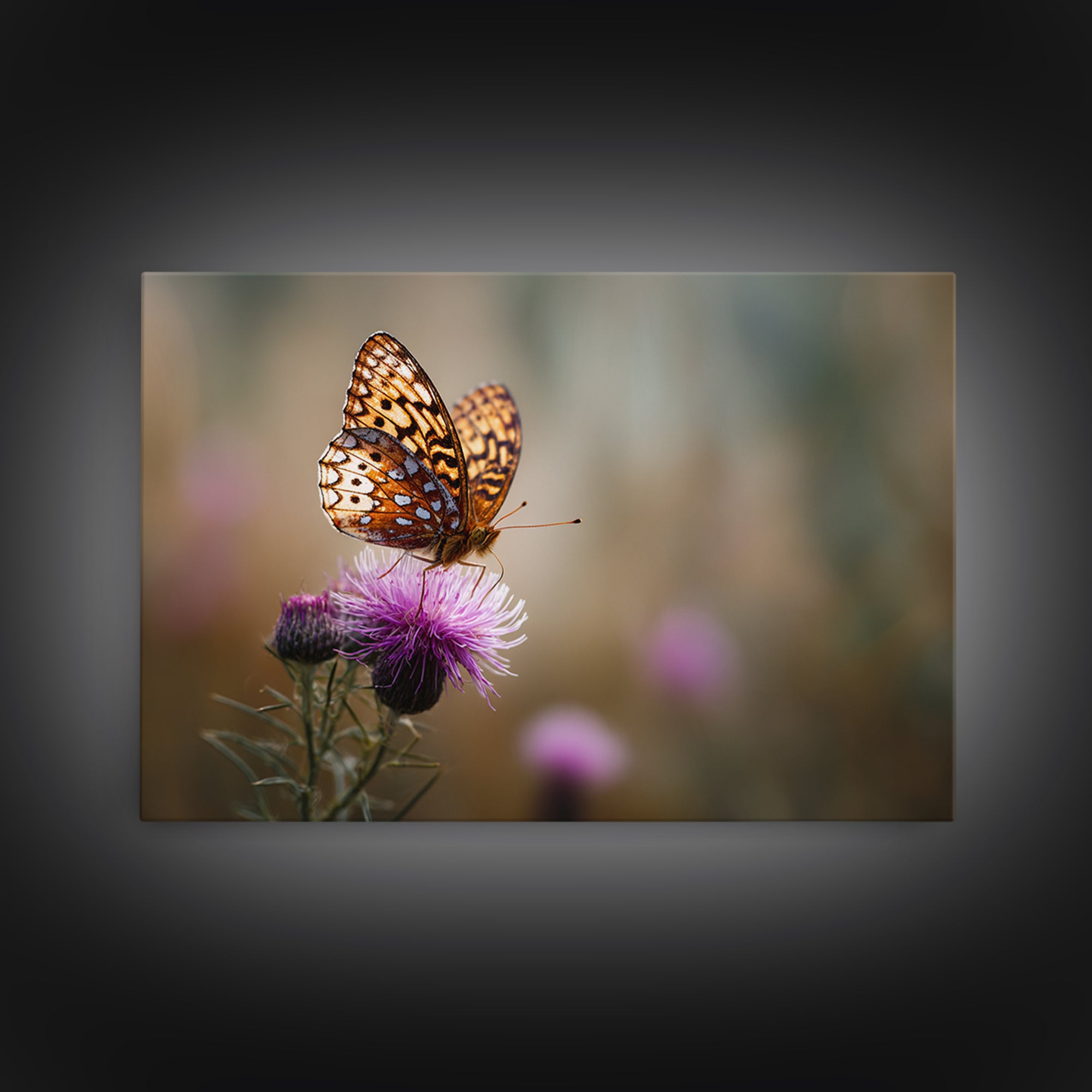 Butterfly Resting on a Blooming Thistle Framed Canvas Print, Nature Art, Framed Art, Living Room Decor, Oil Painting, Nature, NAT-3x2-8