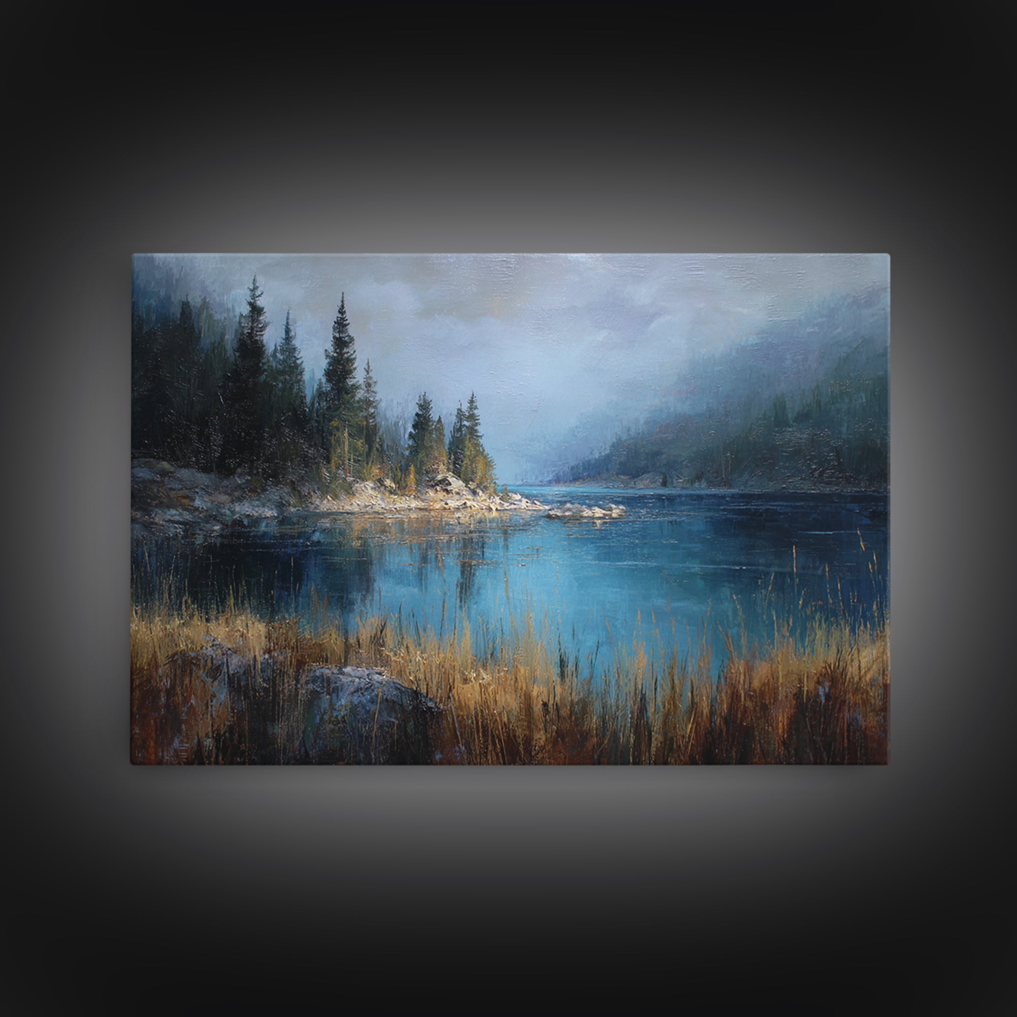 Misty Mountain Lake Framed Canvas Print, Nature Art, Ocean Art, Living Room Decor, Fine Art, Nature, Art Print, NAT-3x2-81
