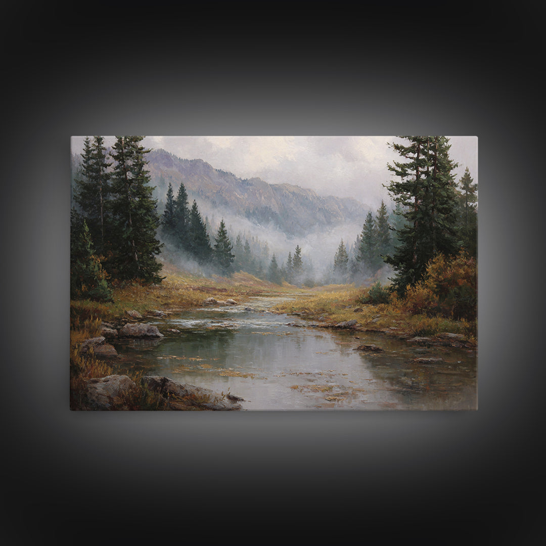 Autumn Leaves Floating on Quiet Stream Framed Canvas Print, Nature Art, Landscape Art, Living Room Decor, Oil Painting, Nature, NAT-3x2-82