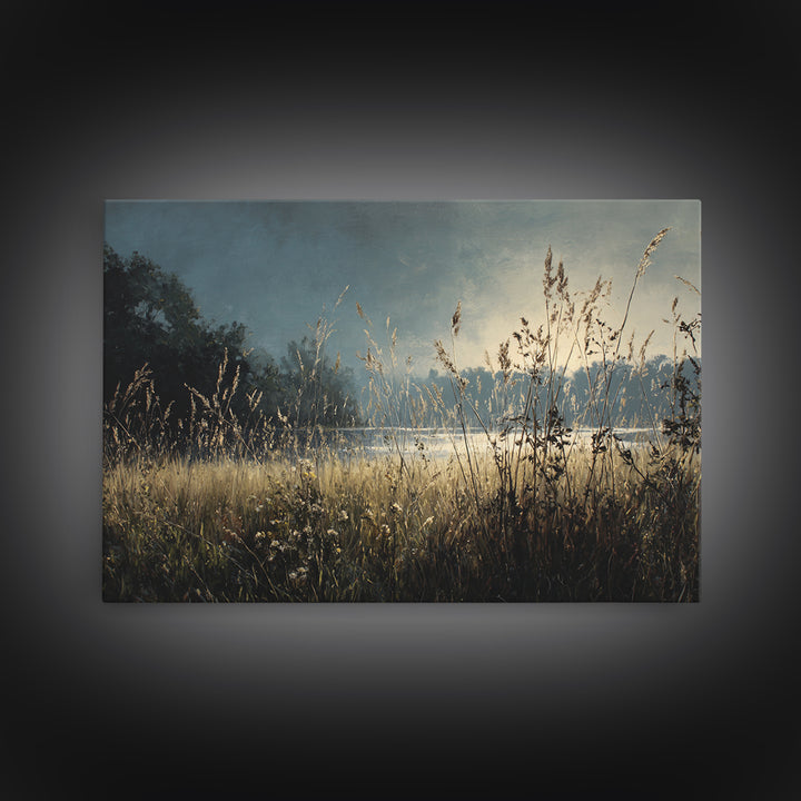 Sunrise Through Tall Grass and Wildflowers Framed Canvas Print, Nature Art, Fine Art Print, Living Room Decor, Fine Art, Nature, NAT-3x2-87