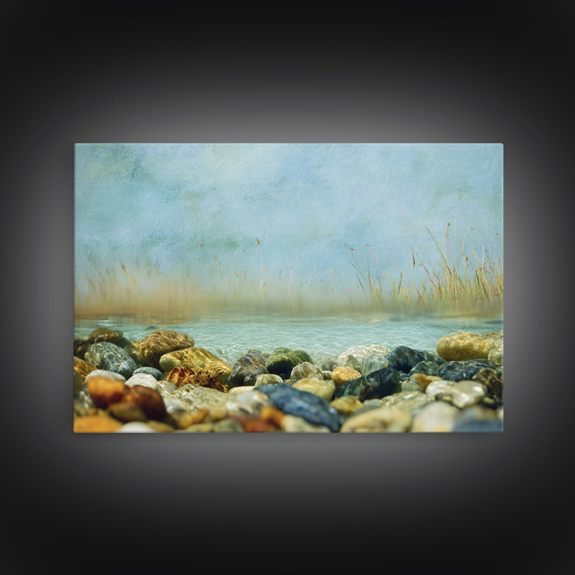 River Stones under Clear Shallow Water Canvas Print, Nature Art, Nature Wall Art, Living Room Decor, Oil Painting, Nature, NAT-3x2-89