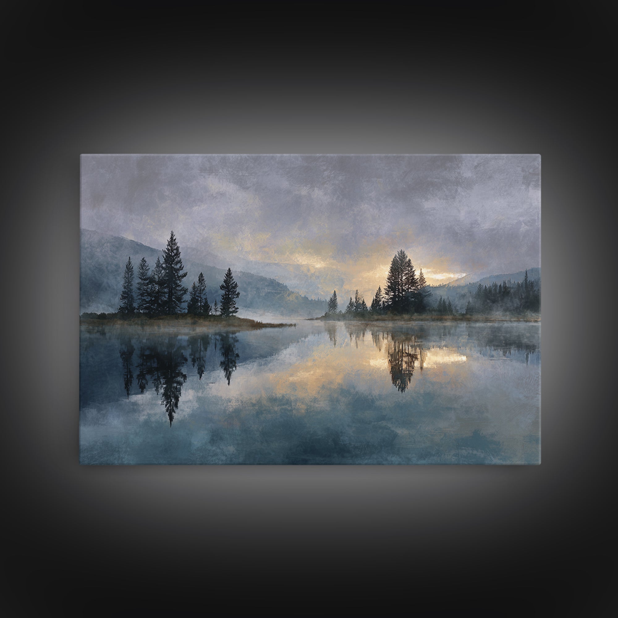 Misty Mountain Lake Framed Canvas Print, Nature Art, Abstract Wall Art, Living Room Decor, Oil Painting, Nature, Bird Wall Art, NAT-3x2-9