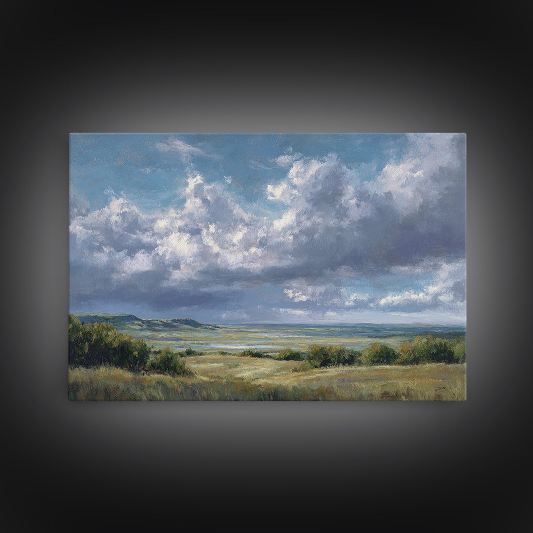 Storm Clouds over a Rolling Prairie Framed Canvas Print, Nature Art, Living Room Wall Art, Living Room Decor, Fine Art, Nature, NAT-3x2-90