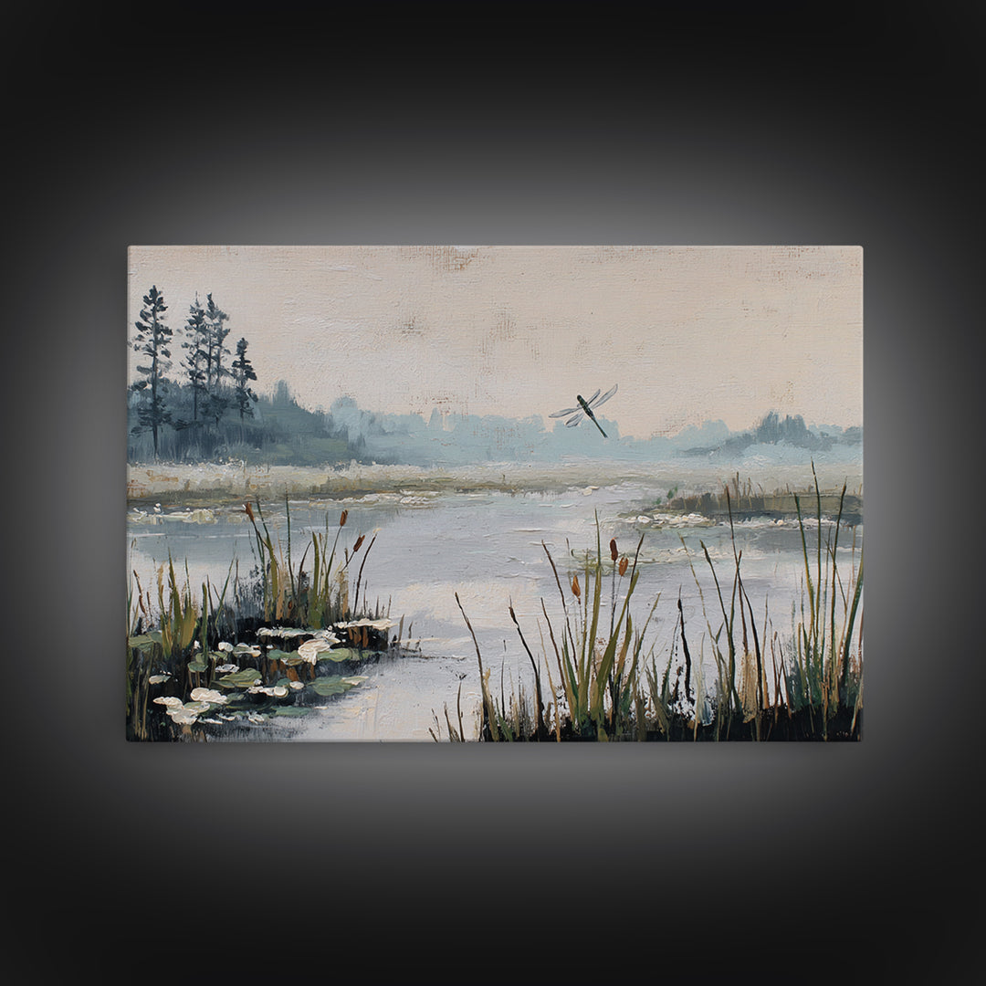 Dragonfly over a Pond with Reeds Canvas Print, Nature Art, Stained Glass Art, Living Room Decor, Abstract Art, Nature, NAT-3x2-94