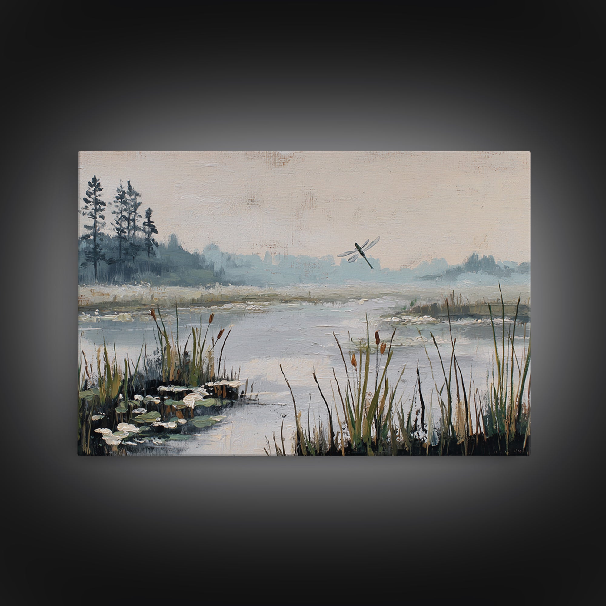 Dragonfly over a Pond with Reeds Canvas Print, Nature Art, Stained Glass Art, Living Room Decor, Abstract Art, Nature, NAT-3x2-94