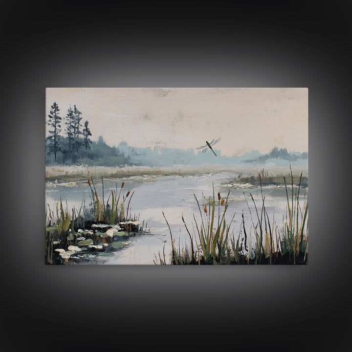 Dragonfly over a Pond with Reeds Canvas Print, Nature Art, Stained Glass Art, Living Room Decor, Abstract Art, Nature, NAT-3x2-94