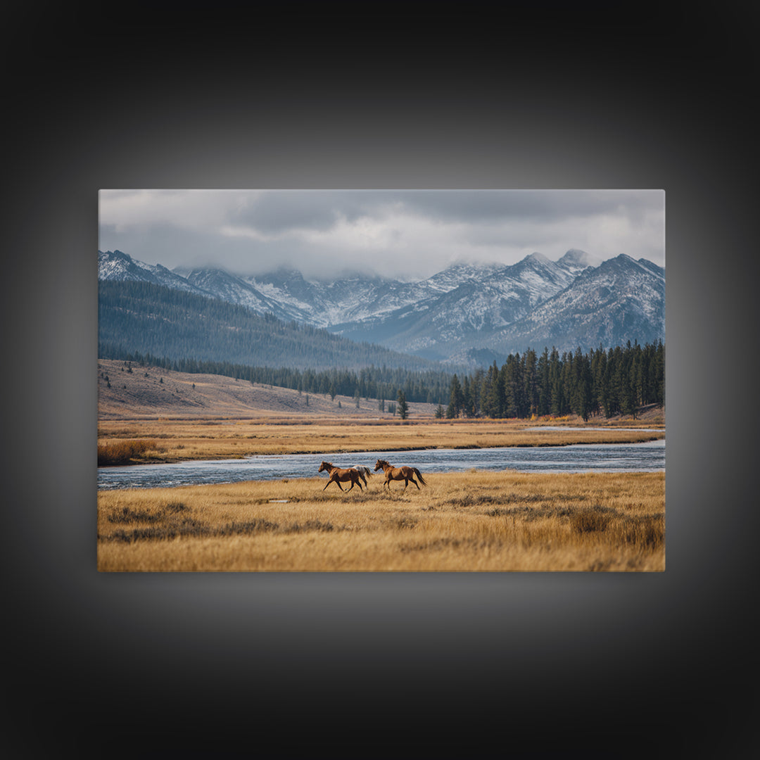 Wild Horses Running Near Mountain Ridge Canvas Print, Nature Art, Mountain Wall Art, Living Room Decor, Oil Painting, Nature, NAT-3x2-98