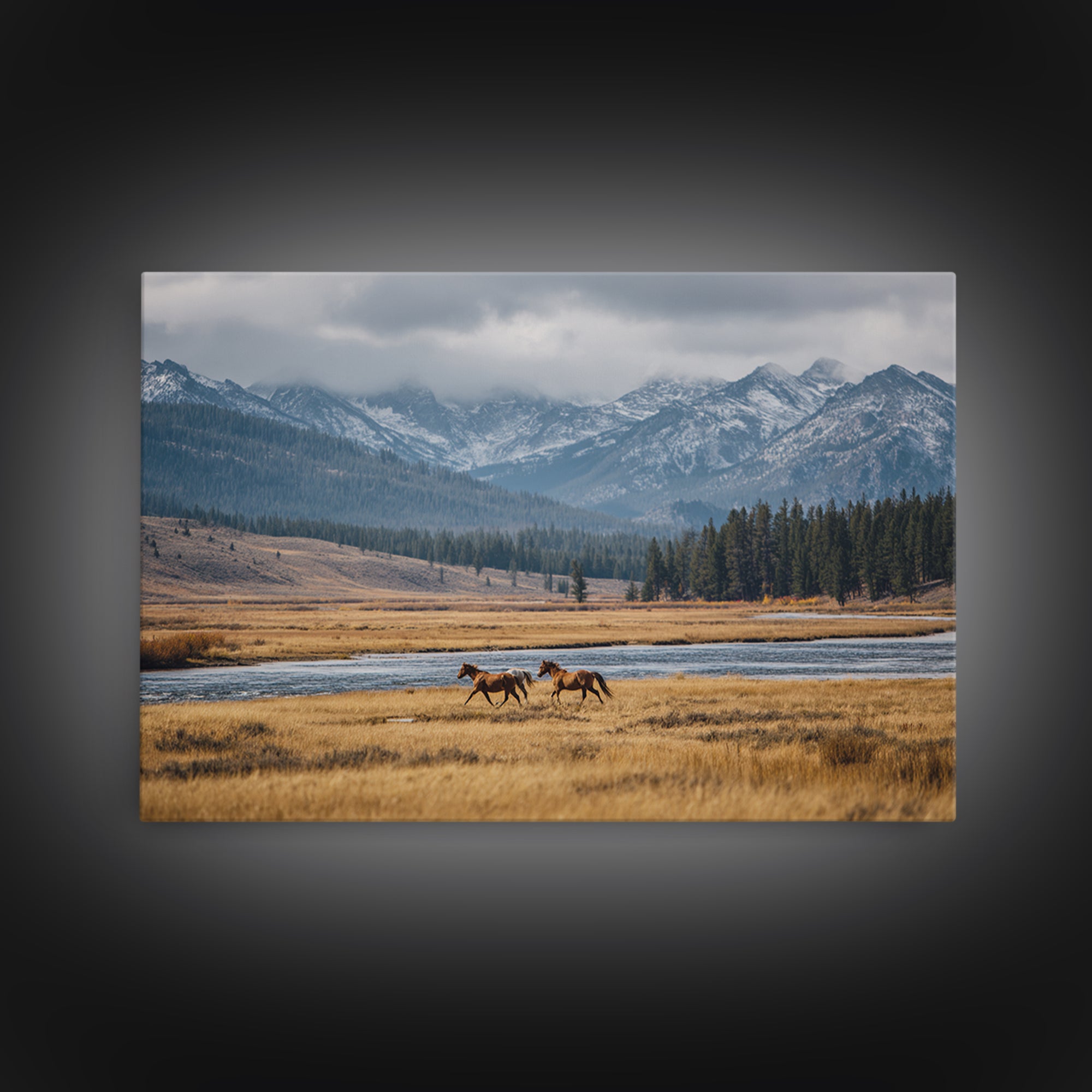 Wild Horses Running Near Mountain Ridge Canvas Print, Nature Art, Mountain Wall Art, Living Room Decor, Oil Painting, Nature, NAT-3x2-98