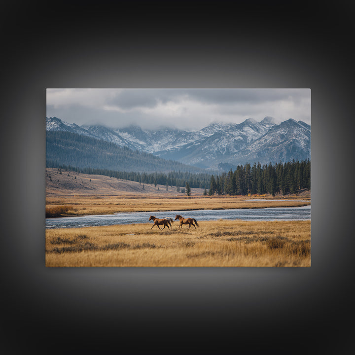 Wild Horses Running Near Mountain Ridge Canvas Print, Nature Art, Mountain Wall Art, Living Room Decor, Oil Painting, Nature, NAT-3x2-98