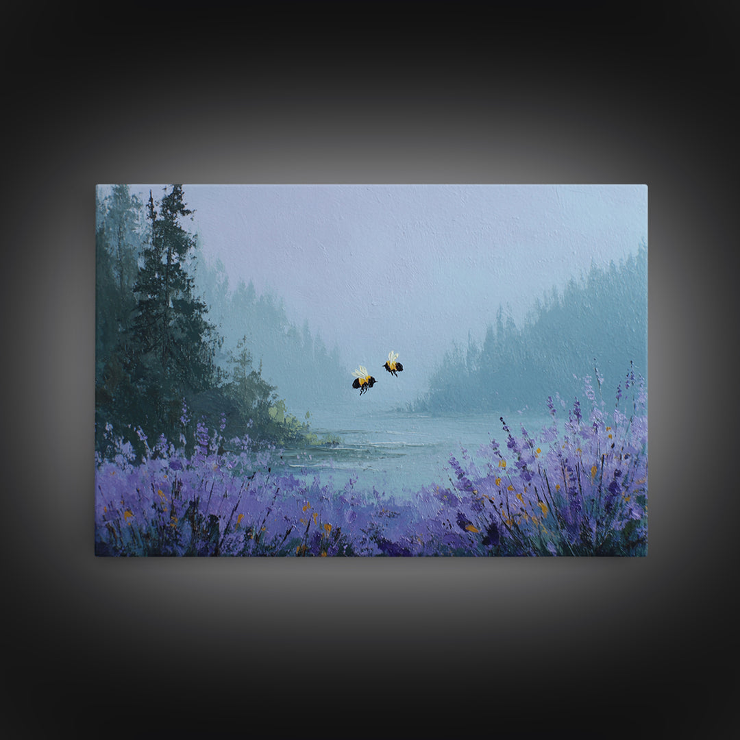 Bees Circling Lavender Blossoms Framed Canvas Print, Nature Art, Minimalist Decor, Living Room Decor, Fine Art, Nature, NAT-3x2-99