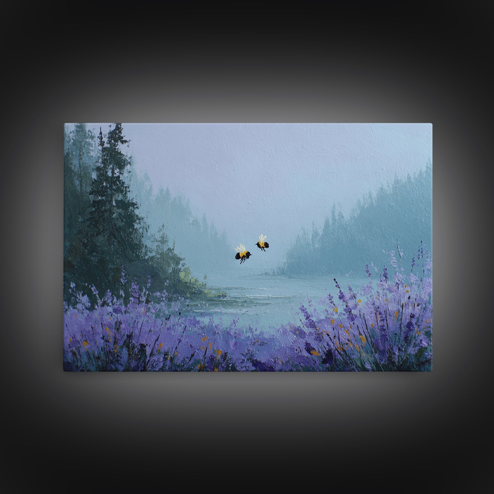 Bees Circling Lavender Blossoms Framed Canvas Print, Nature Art, Minimalist Decor, Living Room Decor, Fine Art, Nature, NAT-3x2-99