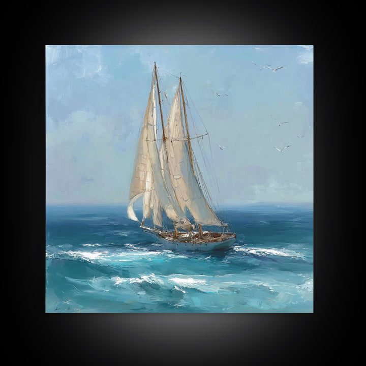 Sailboat Leaning into Wind on Blue Water Framed Canvas Print, Nautical Art, Modern Decor, Coastal Decor, Fine Art, Harbor, NAU-1x1-1