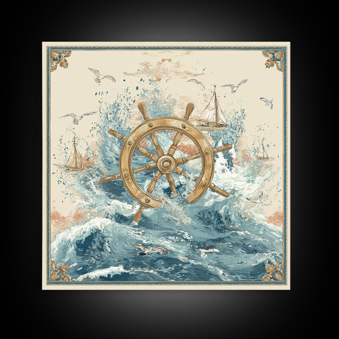 Ship Wheel with Sea Spray Background Framed Canvas Print, Nautical Art, Nautical, Coastal Decor, Fine Art, Harbor, Modern Decor, NAU-1x1-39