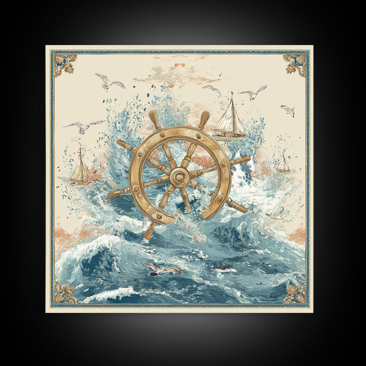 Ship Wheel with Sea Spray Background Framed Canvas Print, Nautical Art, Nautical, Coastal Decor, Fine Art, Harbor, Modern Decor, NAU-1x1-39