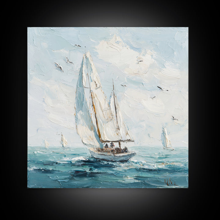 Classic Yacht Racing Through Whitecaps Framed Canvas Print, Nautical Art, Coastal Decor, Oil Painting, Harbor, Fine Art Print, NAU-1x1-43