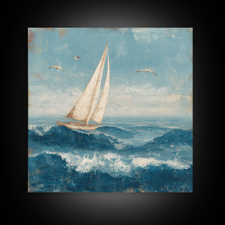 Sailboat Leaning into Wind on Blue Water Canvas Print, Nautical Art, Room Decor, Coastal Decor, Fine Art, Harbor, Printable, NAU-1x1-49