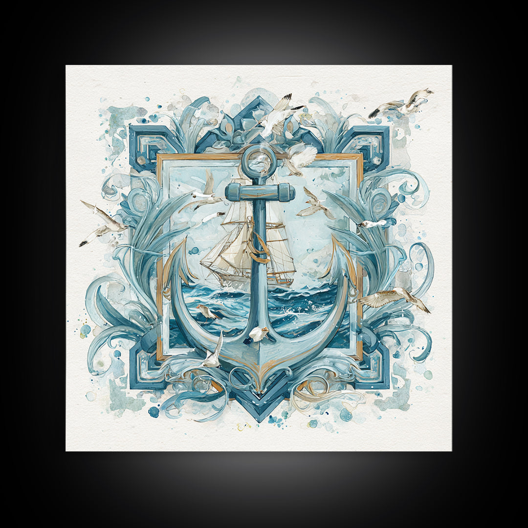 Anchor and Laurel Nautical Crest Without Text Framed Canvas Print, Nautical Art, Textured Painting, Coastal Decor, Harbor, NAU-1x1-53
