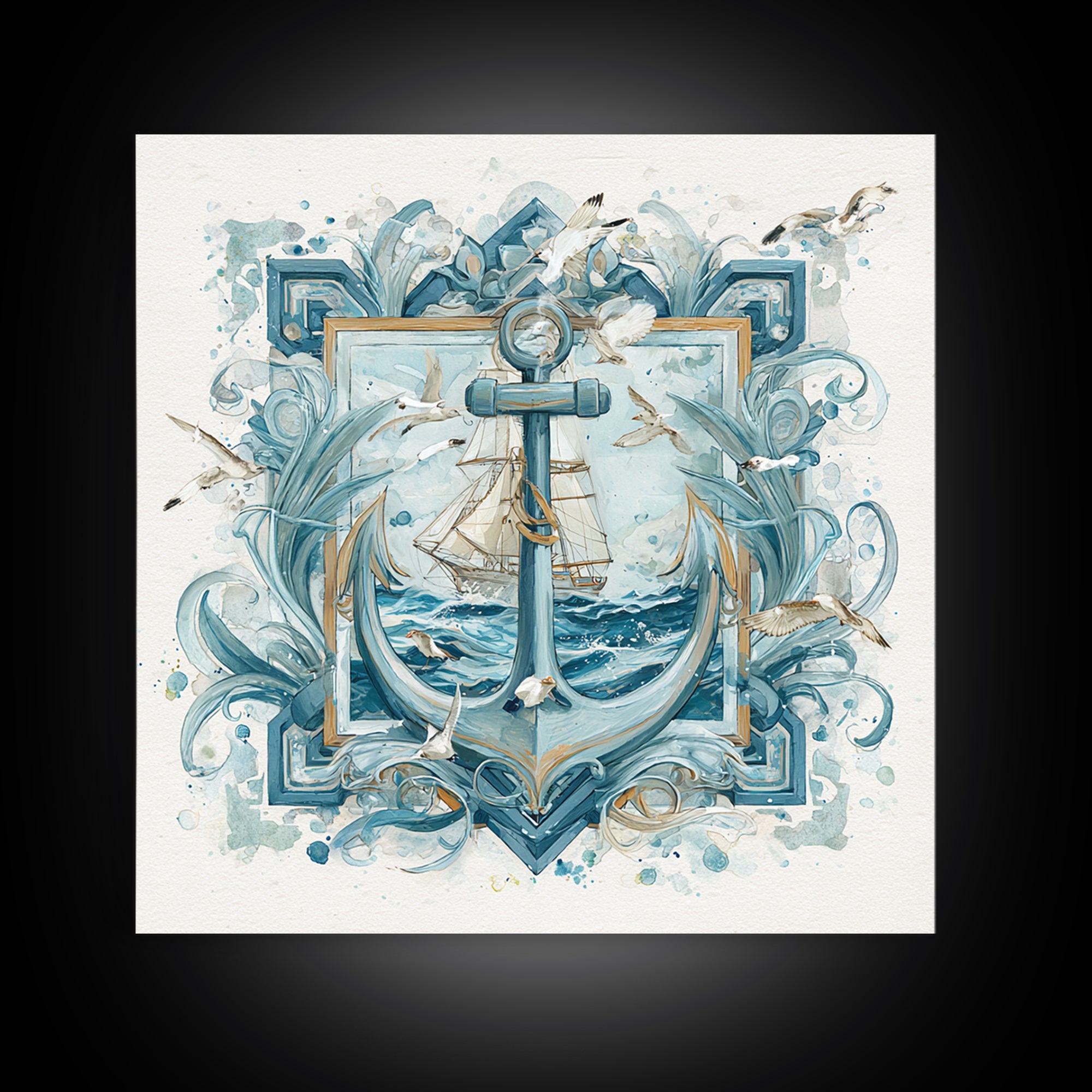 Anchor and Laurel Nautical Crest Without Text Framed Canvas Print, Nautical Art, Textured Painting, Coastal Decor, Harbor, NAU-1x1-53