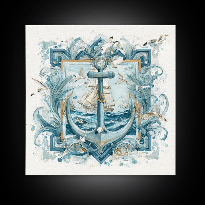 Anchor and Laurel Nautical Crest Without Text Framed Canvas Print, Nautical Art, Textured Painting, Coastal Decor, Harbor, NAU-1x1-53
