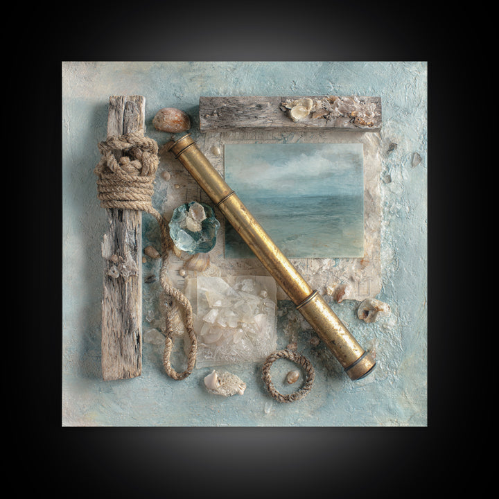 Brass Telescope and Old Map Still Life Framed Canvas Print, Nautical Art, Statement Artwork, Coastal Decor, Fine Art, Harbor, NAU-1x1-78